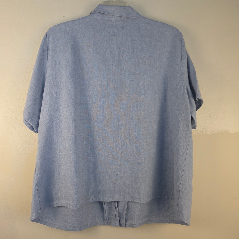FLAX 100% Linen Short Sleeve Button Up Shirt Blue Lagenlook Size 1G Generous - Picture 6 of 9